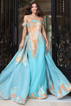 Jovani 54381 off the shoulder mermaid gown with detachable overskirt front view