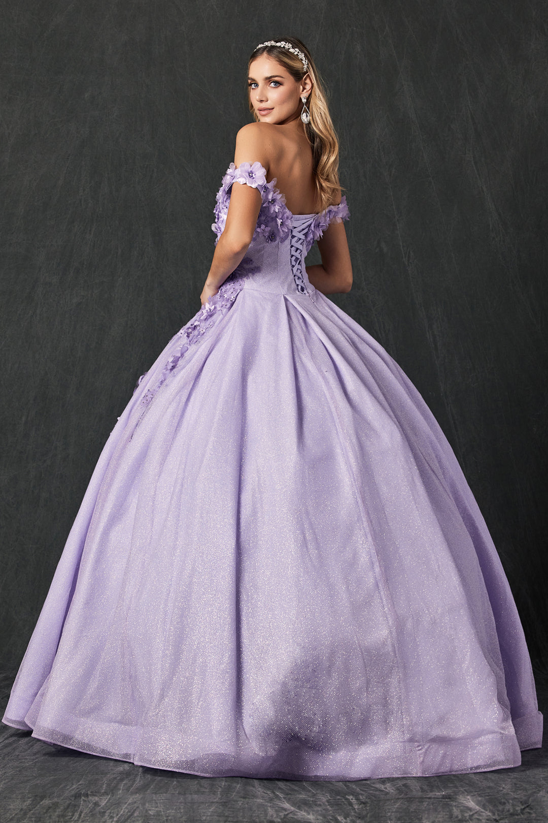 Juliet 1433 off-shoulder floral applique sweetheart ball gown quinceanera dress back view
