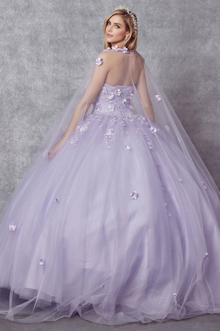 Juliet 1435 quinceanera dress back view with sheer cape, option 2