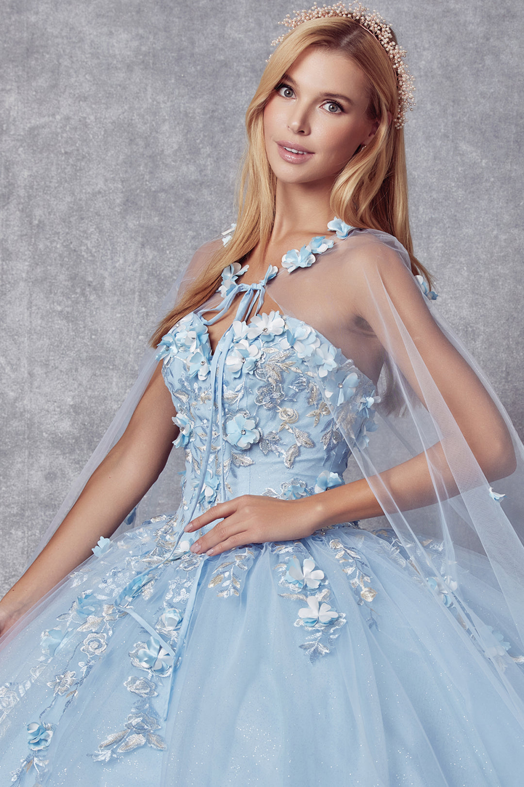 Juliet 1435 floral neckline and cape detail view