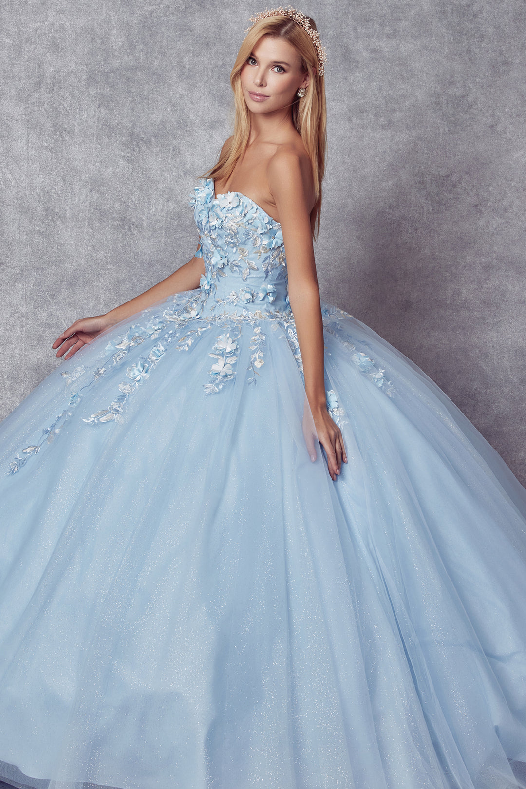 Juliet 1435 strapless quinceanera dress side view, option 2