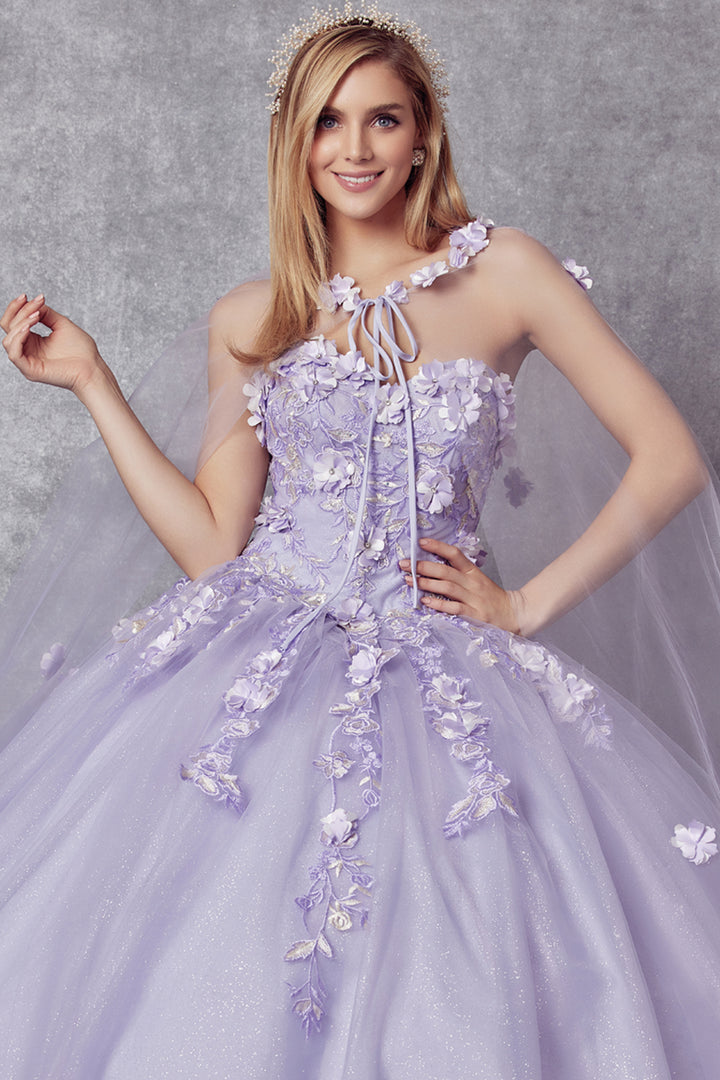 Juliet 1435 floral cape neckline with front tie detail view