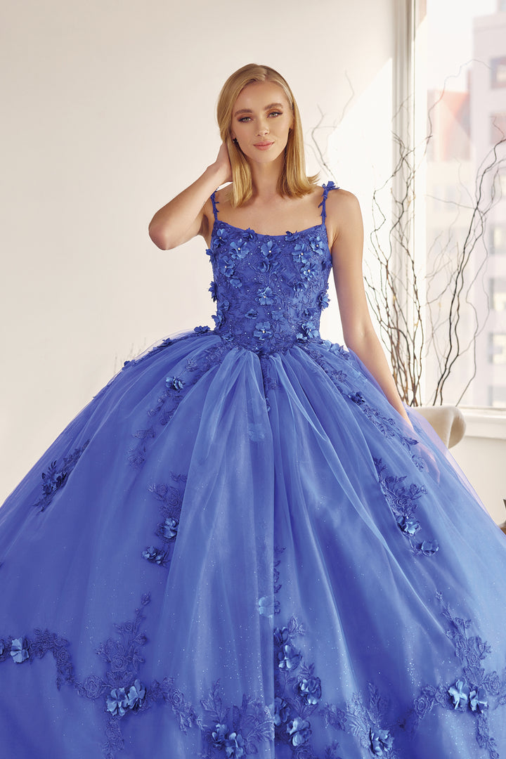 Juliet 1436 attached cape 3D floral applique ball gown quinceanera dress front view, option 4