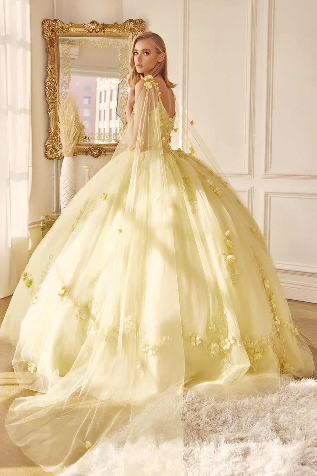 Juliet 1436 attached cape 3D floral applique ball gown quinceanera dress back view, option 4