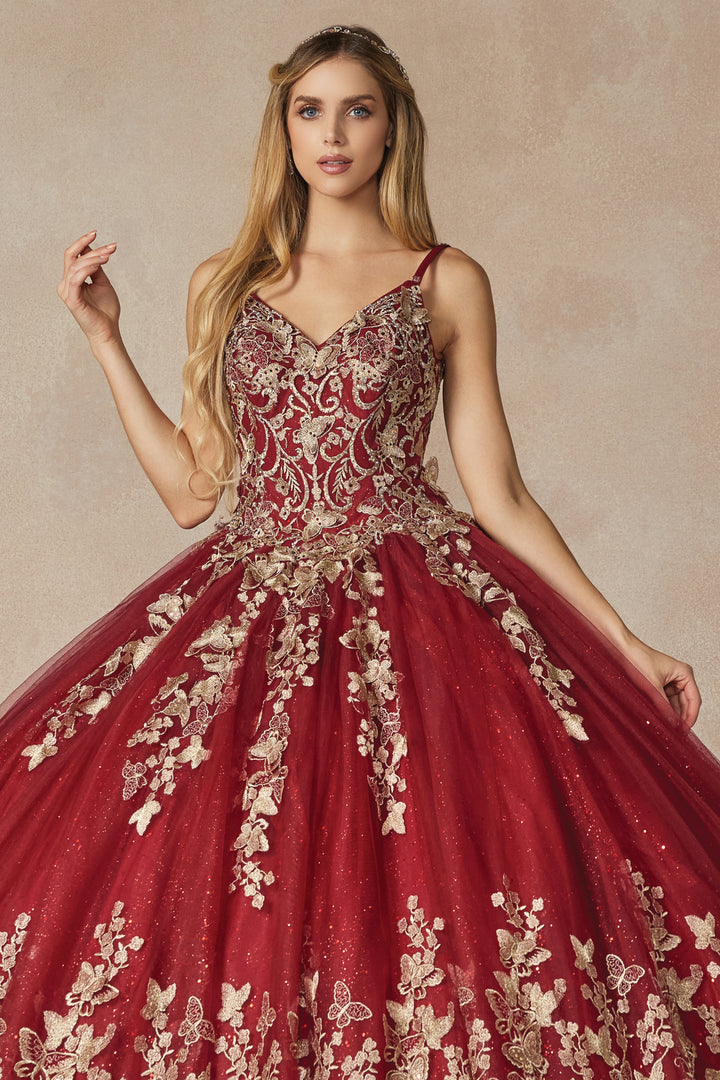 Juliet 1442 butterfly appliqué cape quinceanera dress front view, option 3