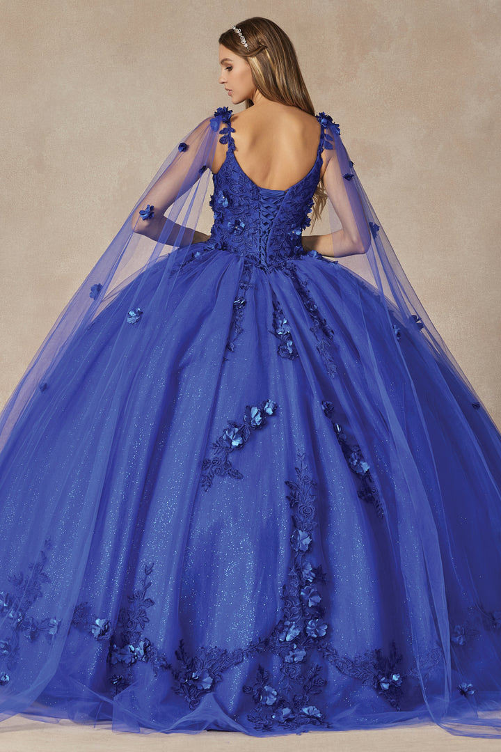 Juliet 1436 attached cape 3D floral applique ball gown quinceanera dress back view