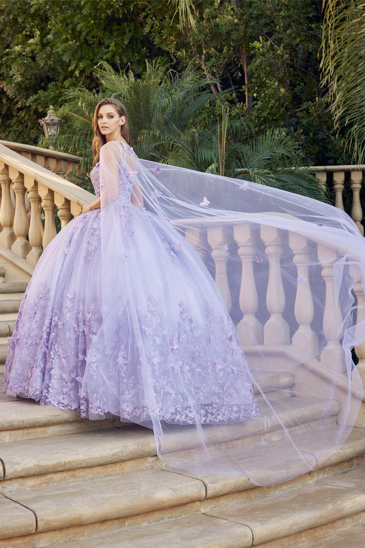 Juliet 1442 butterfly appliqué cape quinceanera dress back three-quarter view with sheer cape, option 2