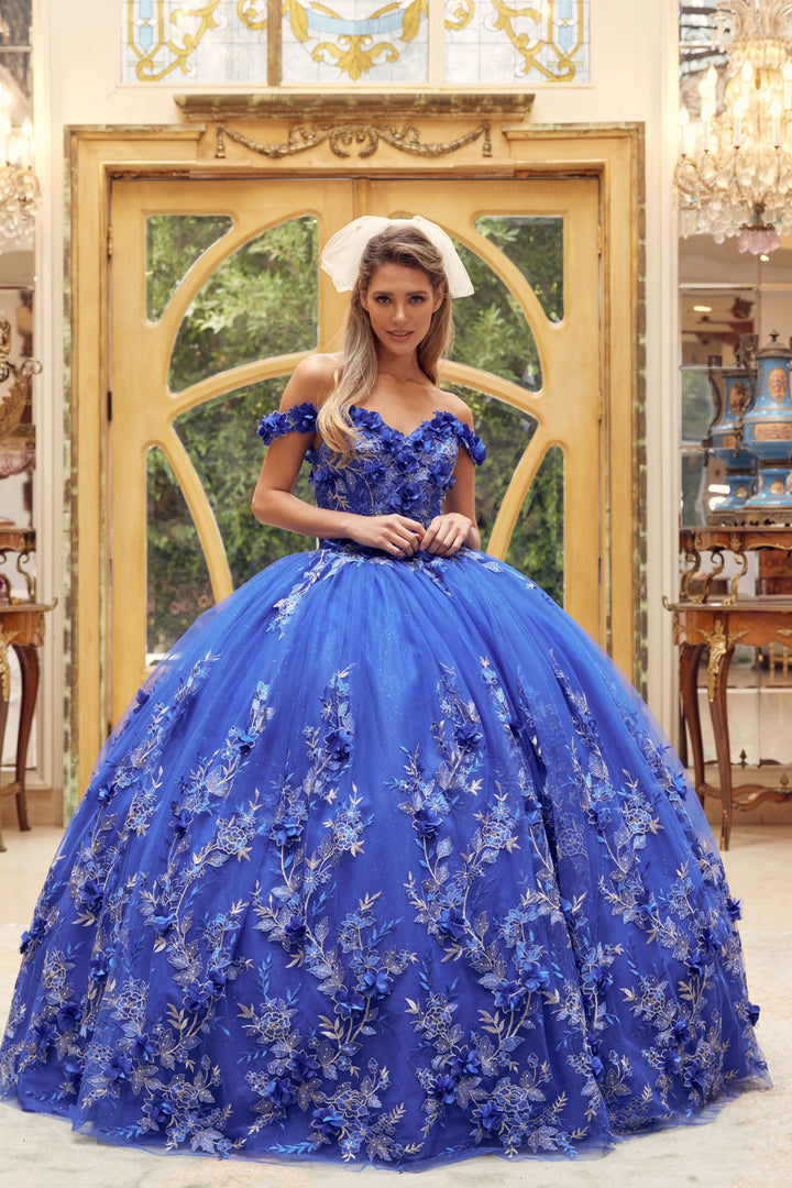 Juliet 1447 off-shoulder floral appliqué quinceanera dress front view, option 6
