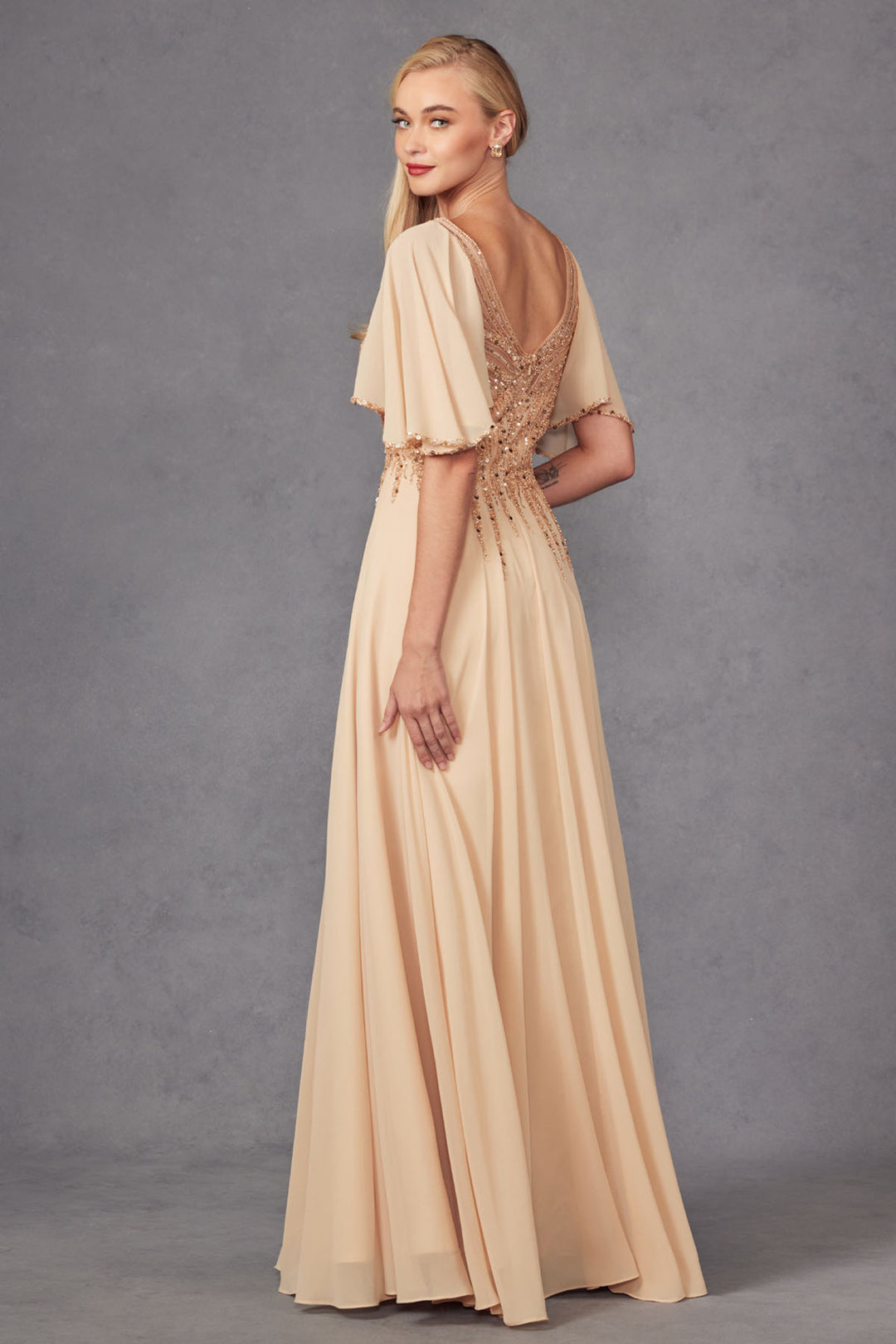 Juliet JTM14F mother of the bride dress back three-quarter view