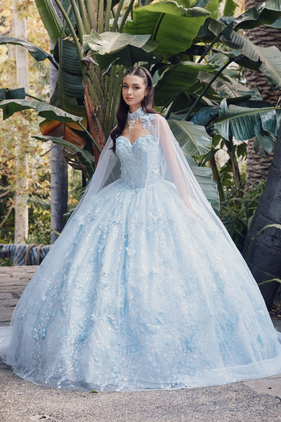 Juliet JT1449J strapless sweetheart cape quinceanera dress front view