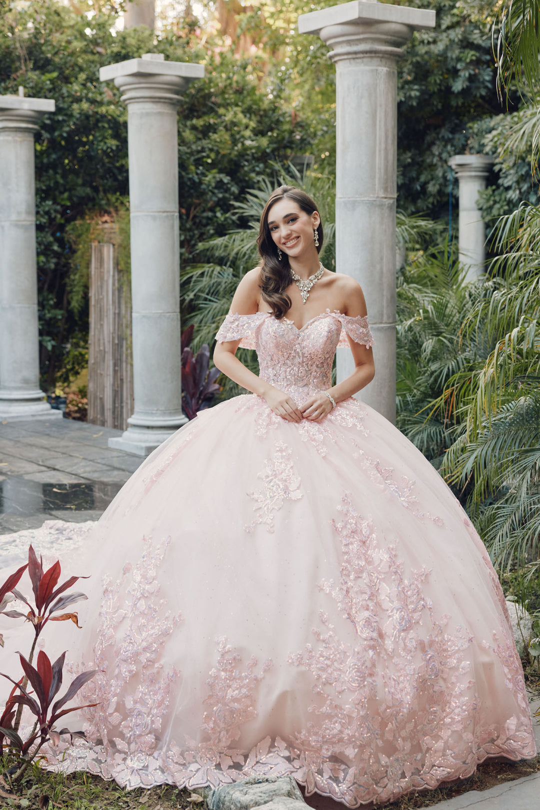 Juliet JT1458J off-shoulder ball gown quinceanera dress front three-quarter view