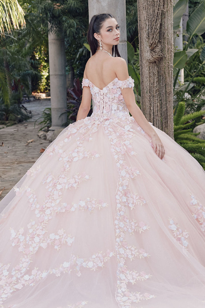 Juliet JT1460J off-shoulder floral appliqué quinceanera ball gown back view, option 2