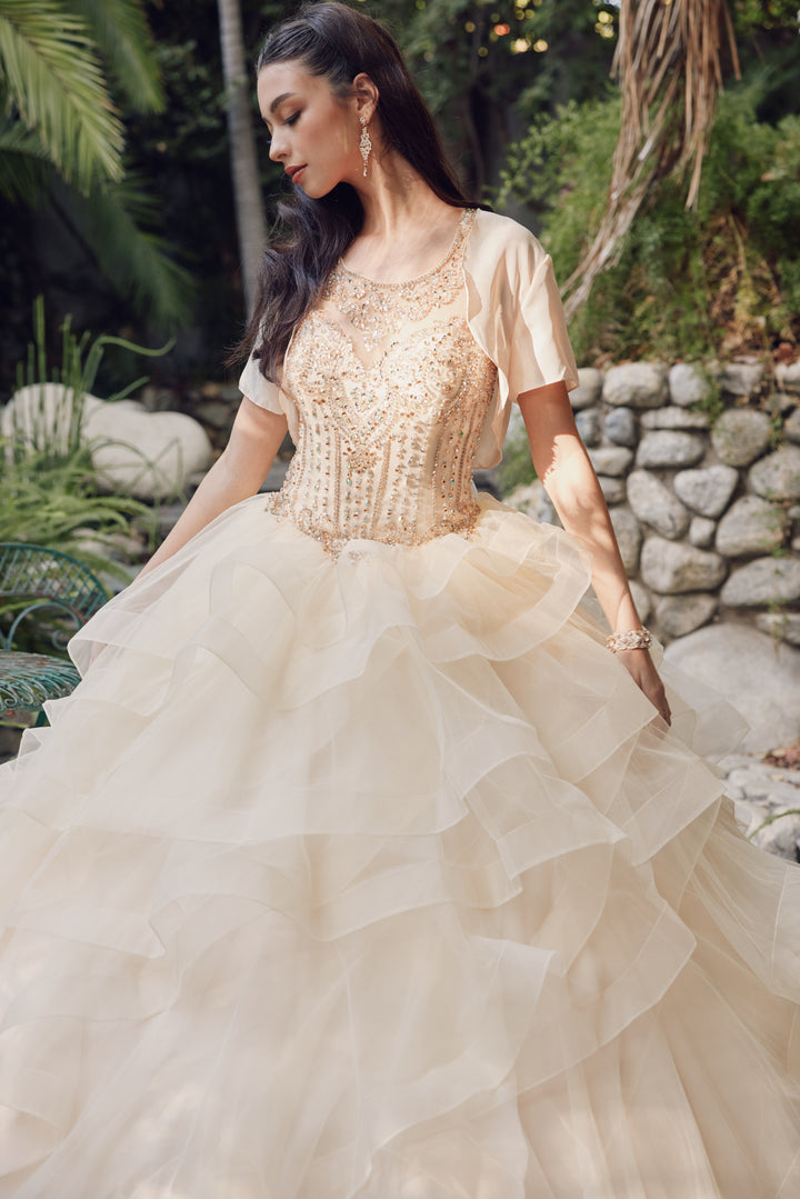 Juliet 1423 quinceanera ball gown front view with bolero