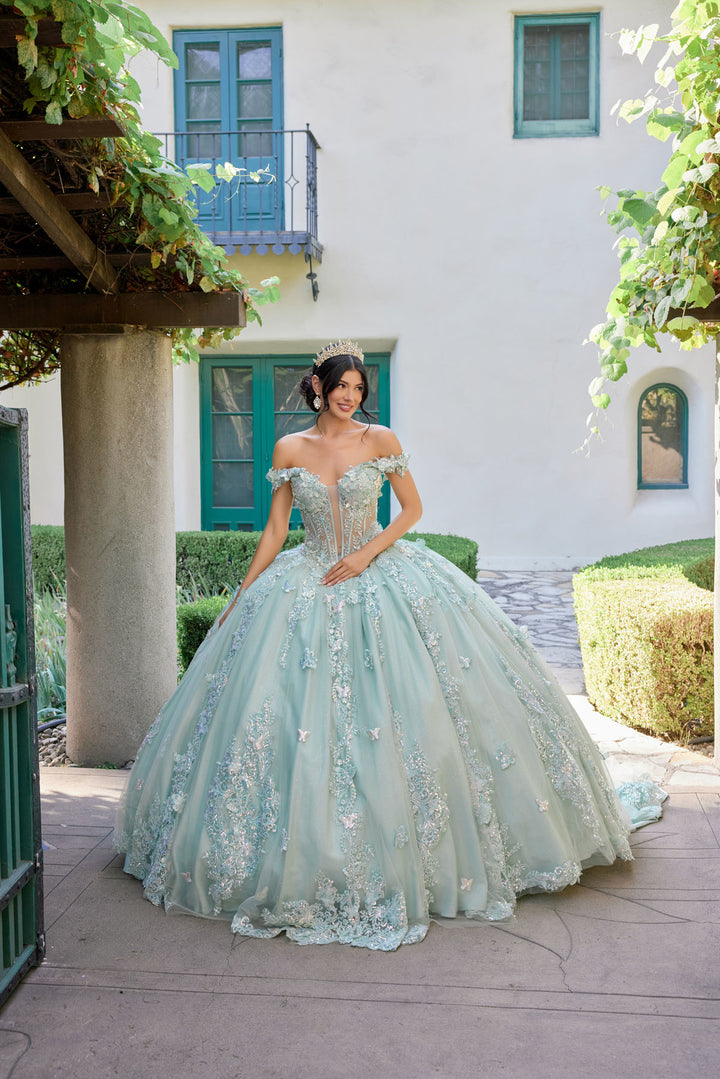 Juliet JT1485J off-shoulder ball gown quinceanera dress front view, option 4