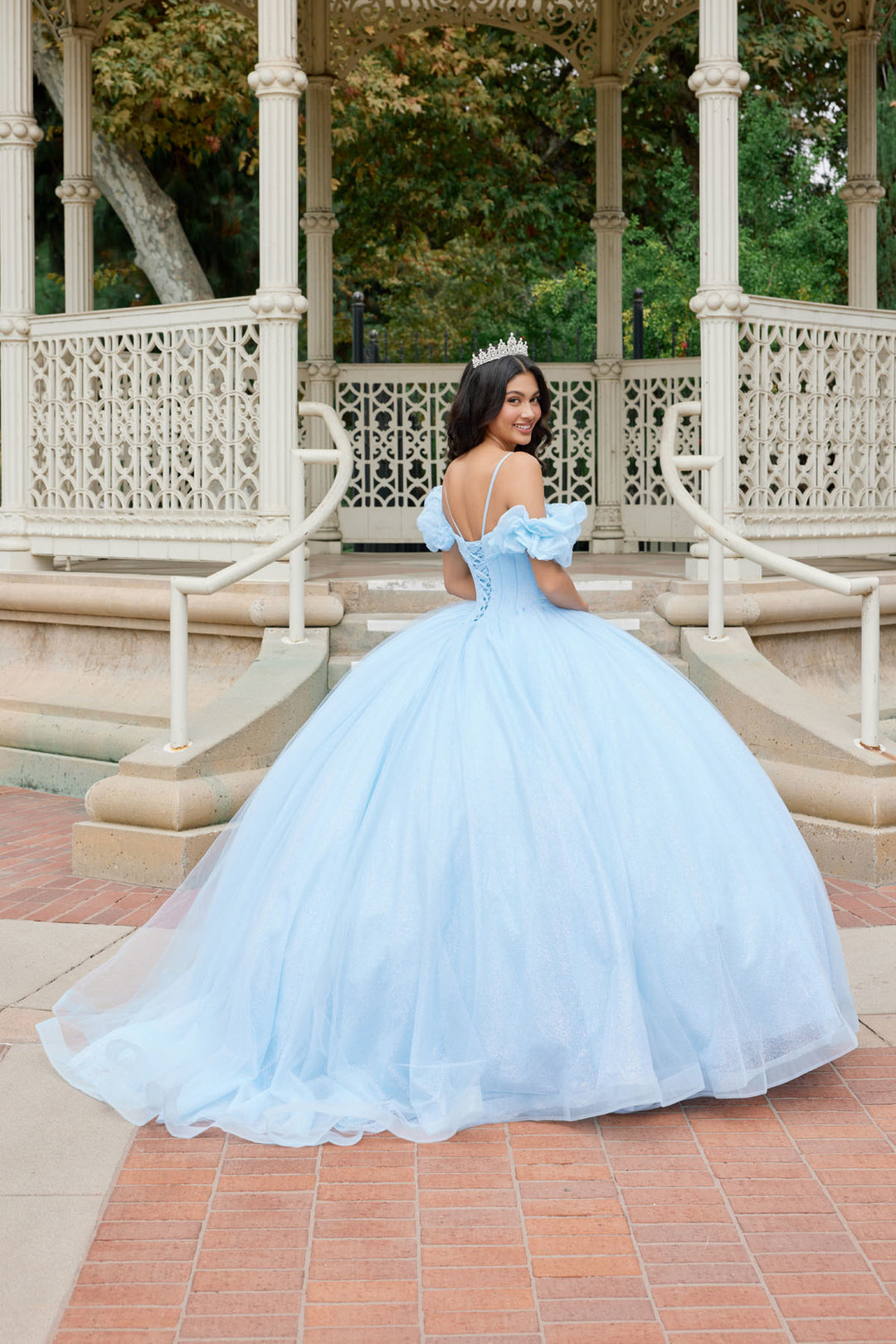 Juliet JT1487H off-shoulder sweetheart ball gown quinceanera dress back view, option 3