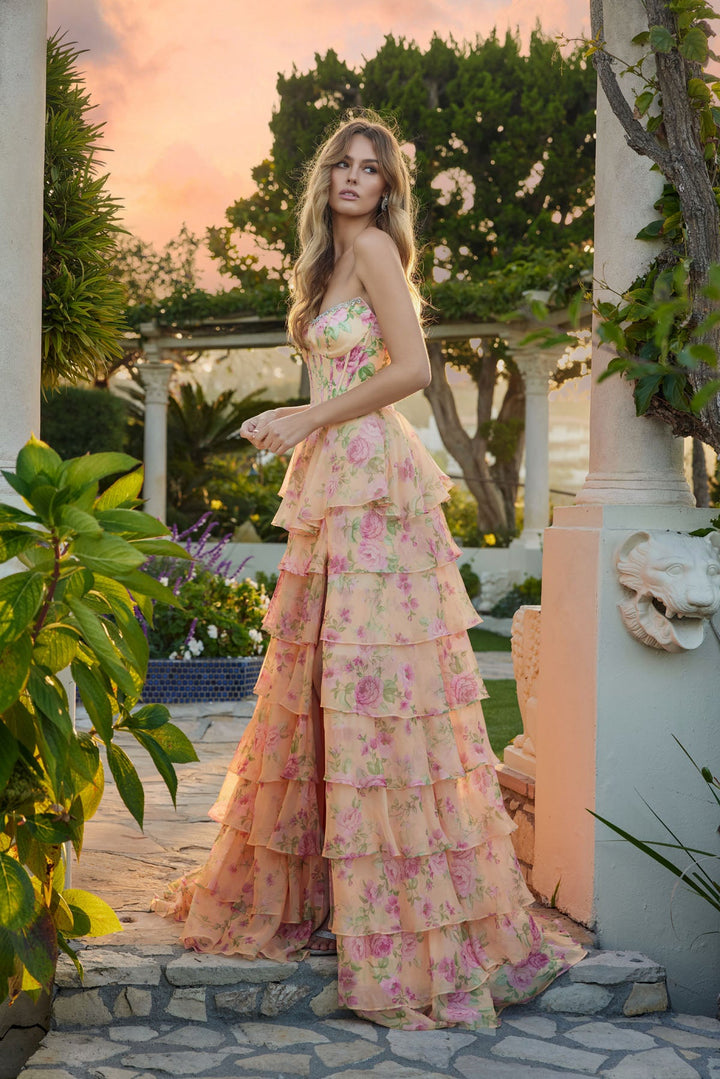 Print Strapless A-line Tiered Slit Gown by Juliet JT2739S - FOSTANI.com