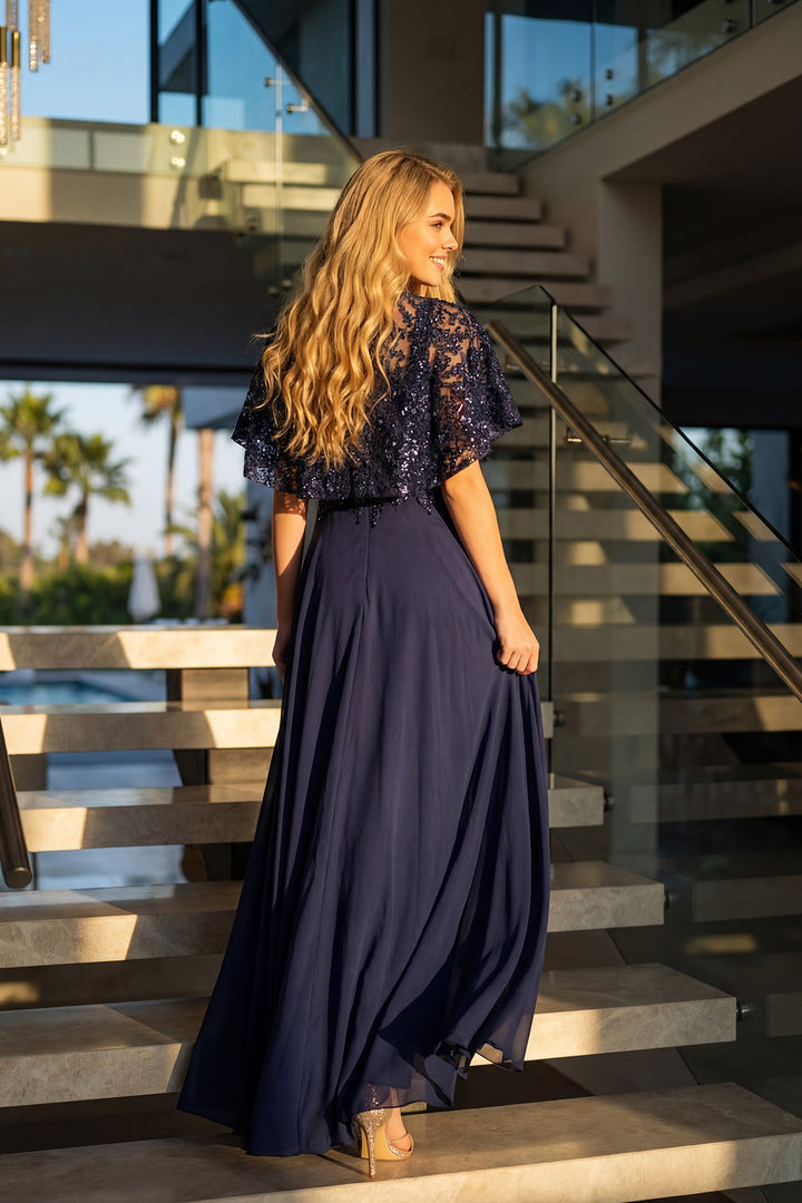 Juliet JTM21L beaded two-piece mother of the bride dress back view with beaded overlay, option 2