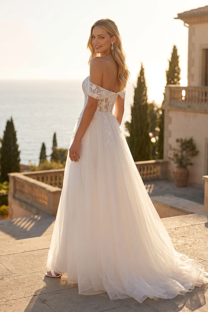 Juliet JT2606LW off-shoulder A-line bridal gown back three-quarter view