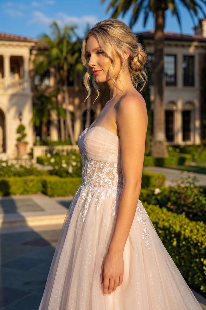 Juliet JT2702AW strapless sweetheart sheer embroidered waist bridal gown side view, option 2