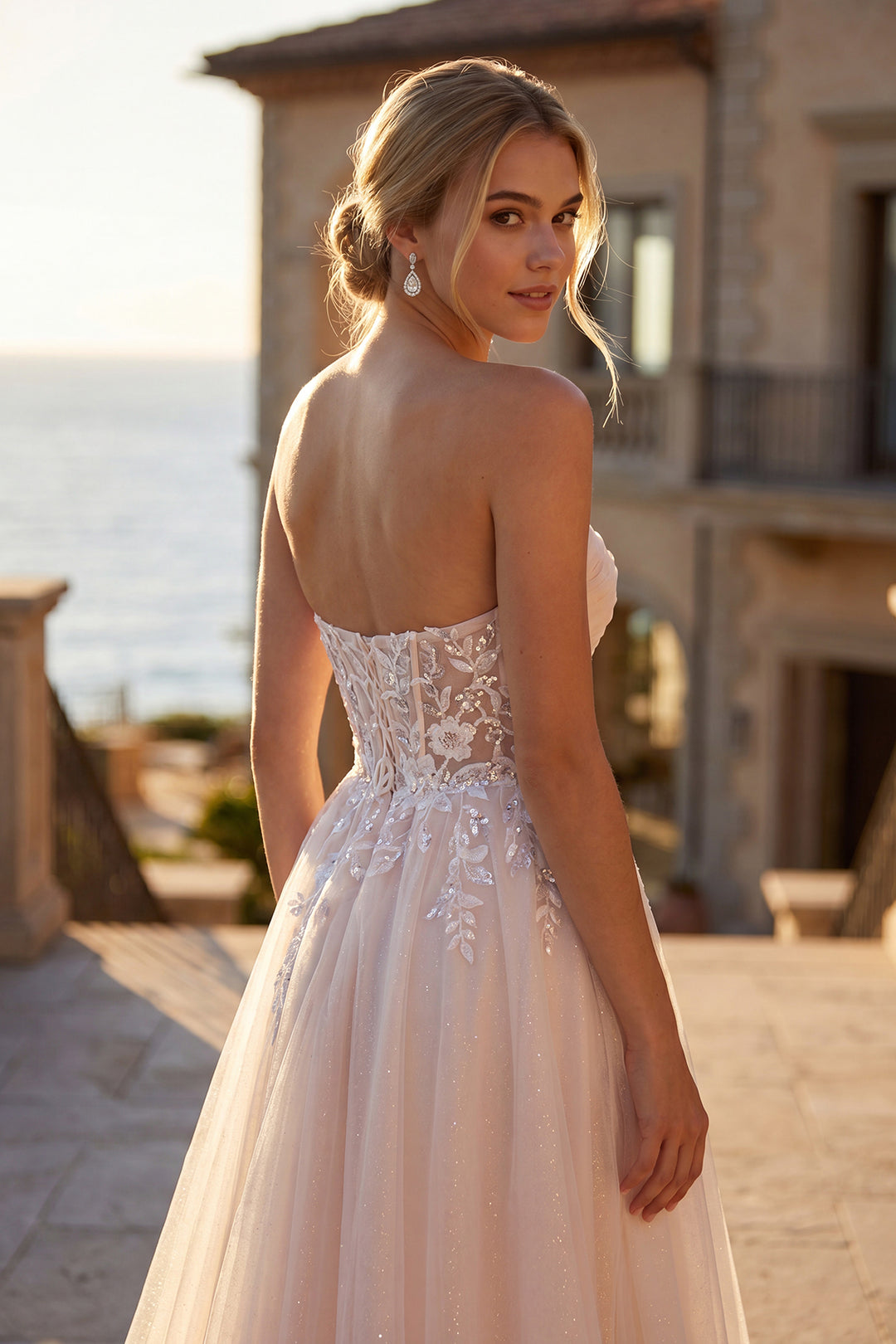 Juliet JT2702AW strapless sweetheart sheer embroidered waist bridal gown detail view, option 2