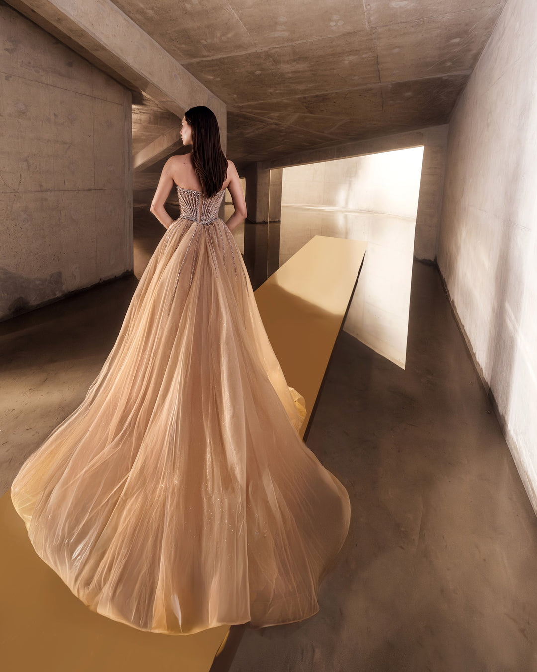 Delilah LD12027 Crystal Choker Halter Plunging Mermaid Gown with Tulle Overskirt - Champagne back view