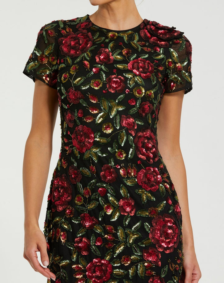 Mac Duggal 10075 High Neck Floral Embellished Midi Dress