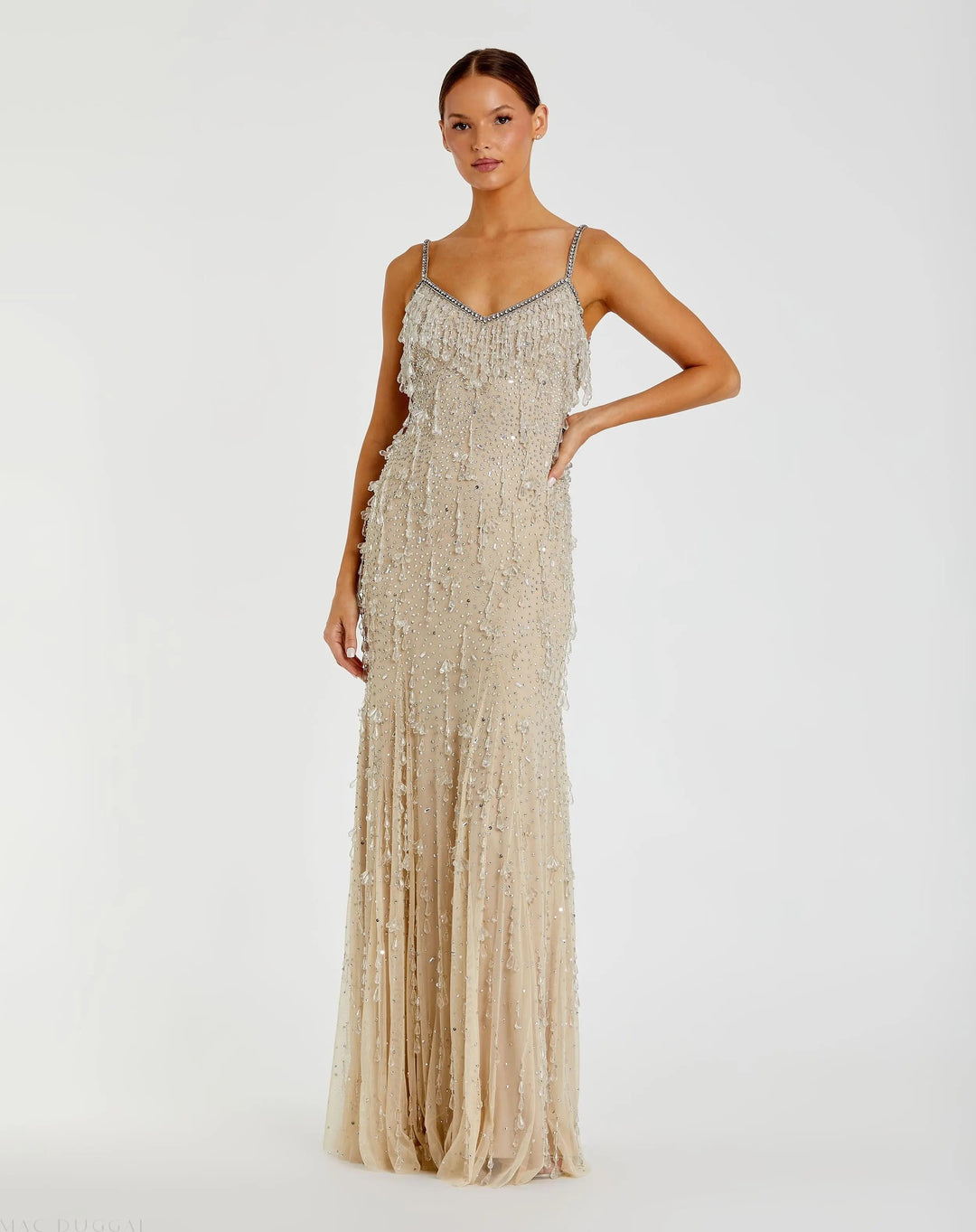 Mac Duggal 10101 V-Neck Column Gown with Fringe Embellishments