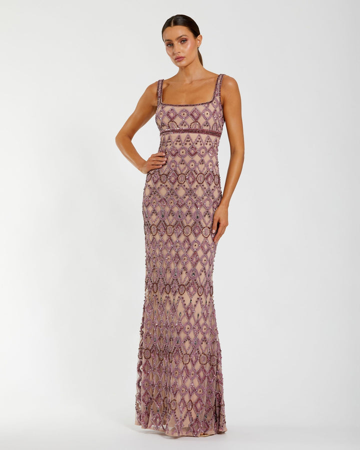 Mac Duggal 10108 Pink Beaded Art Deco Column Gown
