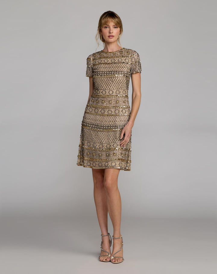 Mac Duggal 10113 Gold Short Sleeve Embellished Mini Dress