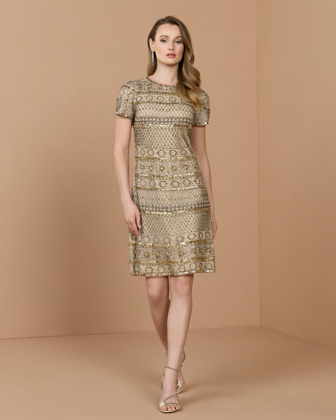 Mac Duggal 10113 Gold Short Sleeve Embellished Mini Dress