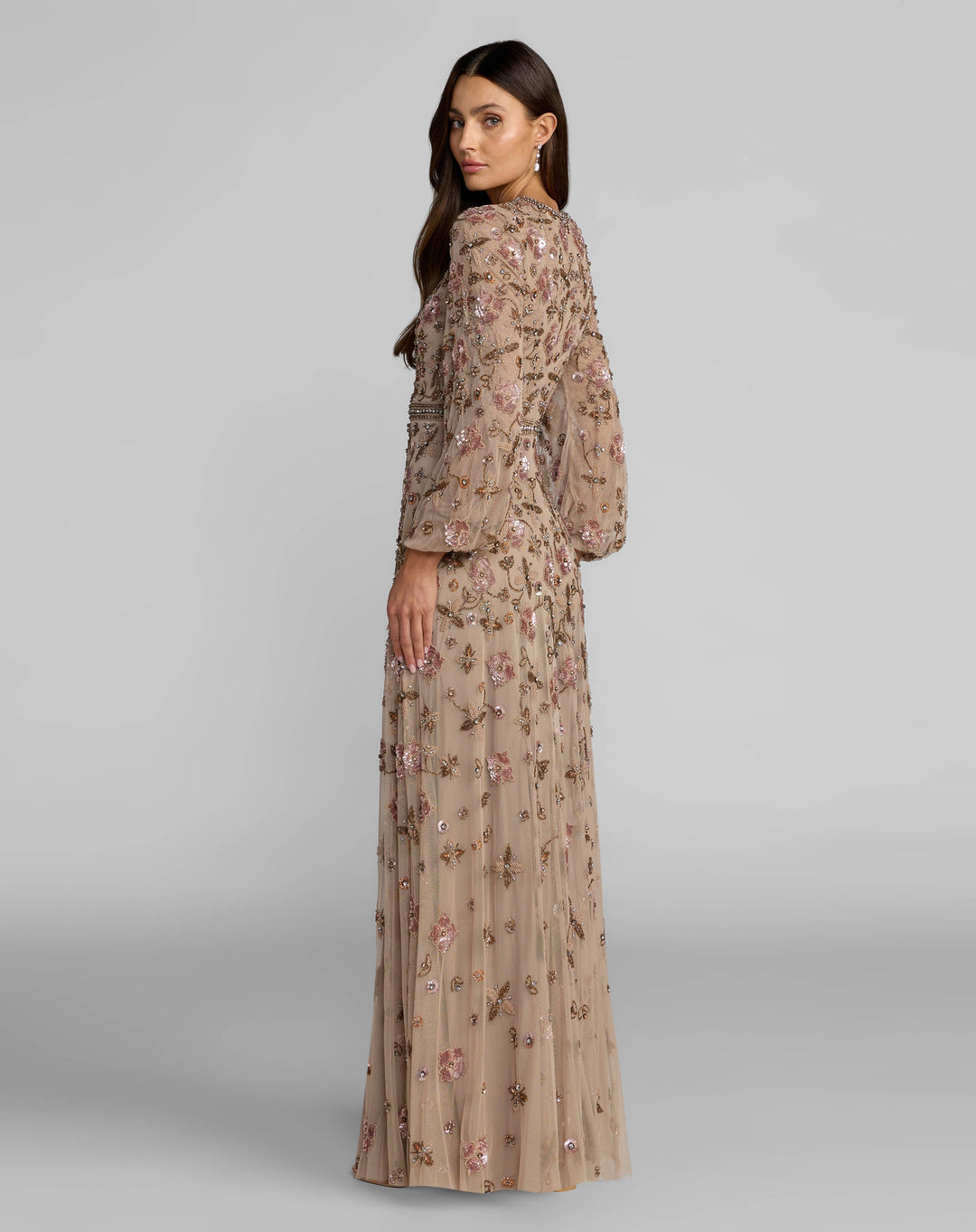 Mac Duggal 10146 Crystal Beaded Floral Bishop Sleeve Gown