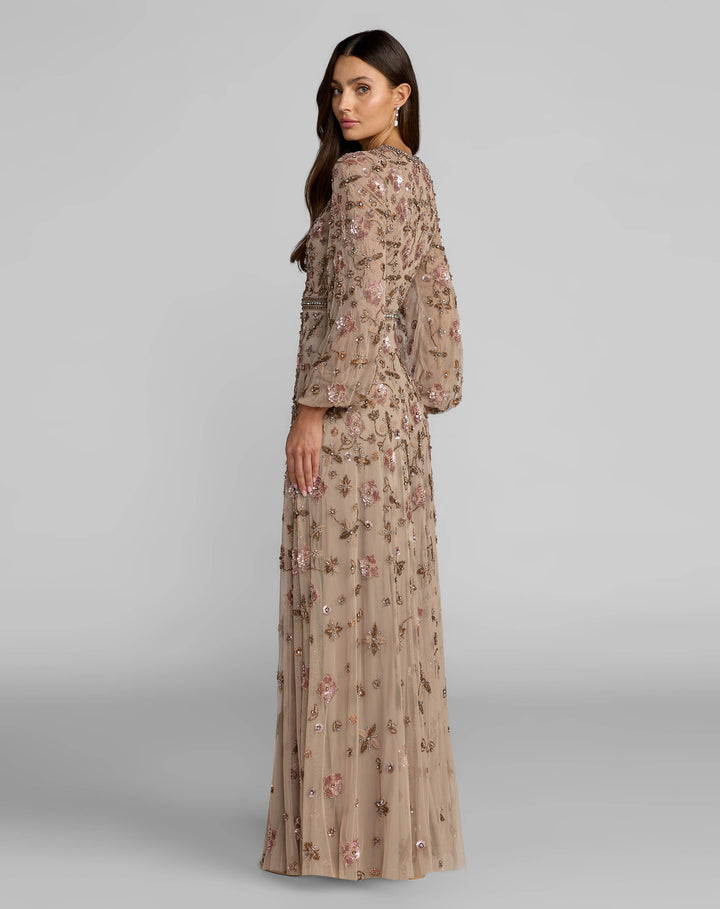 Mac Duggal 10146 Crystal Beaded Floral Bishop Sleeve Gown