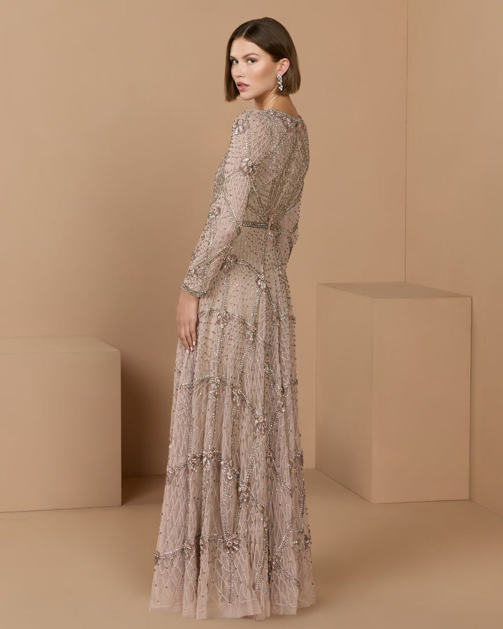 Mac Duggal 10173 Rhinestone Embellished Long Sleeve A-Line Gown