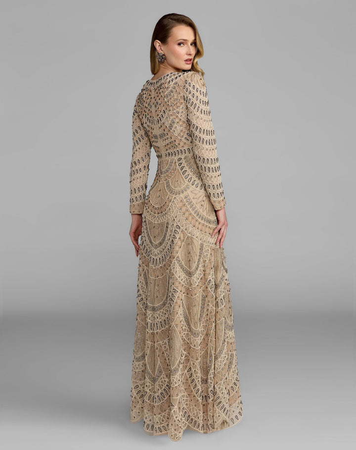 Mac Duggal 10175 Long Sleeve Hand Beaded A-Line Gown