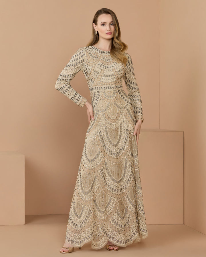 Mac Duggal 10175 Long Sleeve Hand Beaded A-Line Gown