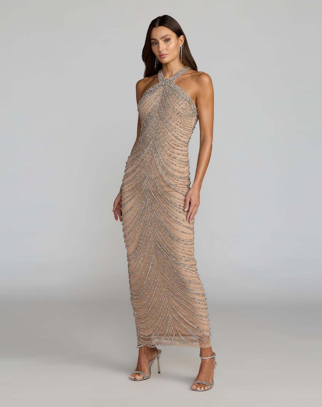 Mac Duggal 10206 Beige Halter Neck Embellished Maxi Dress