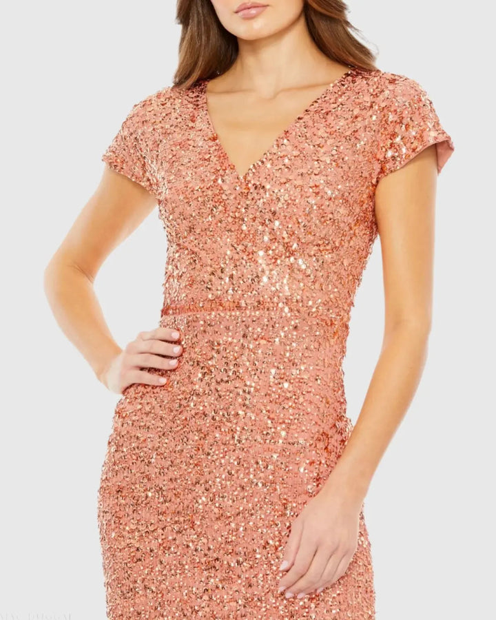 Mac Duggal 10766 Sequined Cap Sleeve Wrap Over Cocktail Dress