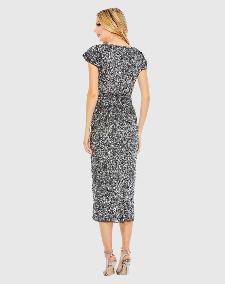 Mac Duggal 10766 Sequined Cap Sleeve Wrap Over Cocktail Dress