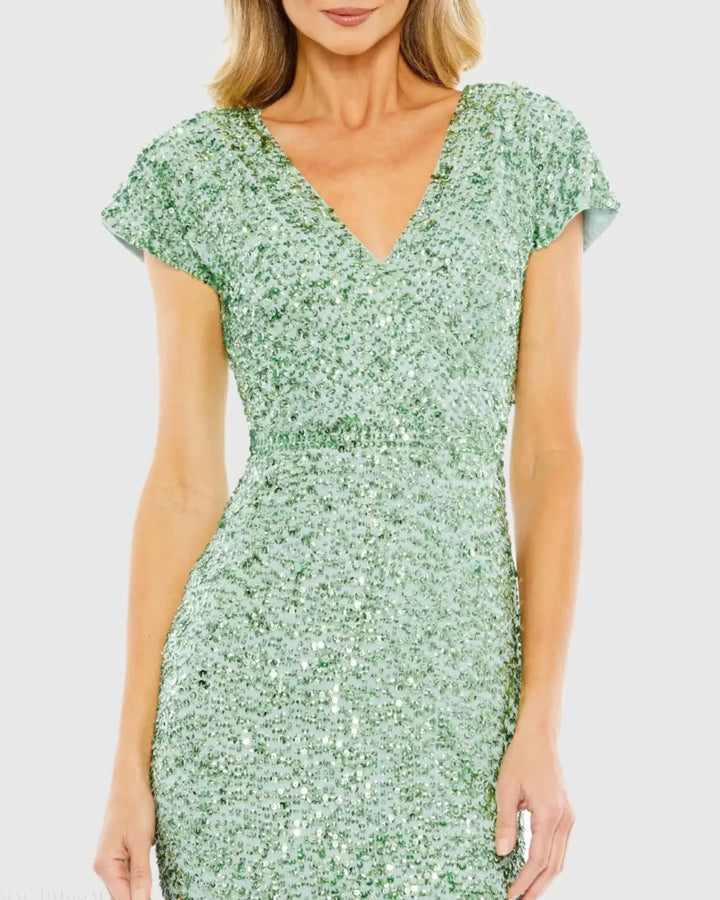 Mac Duggal 10766 Sequined Cap Sleeve Wrap Over Cocktail Dress