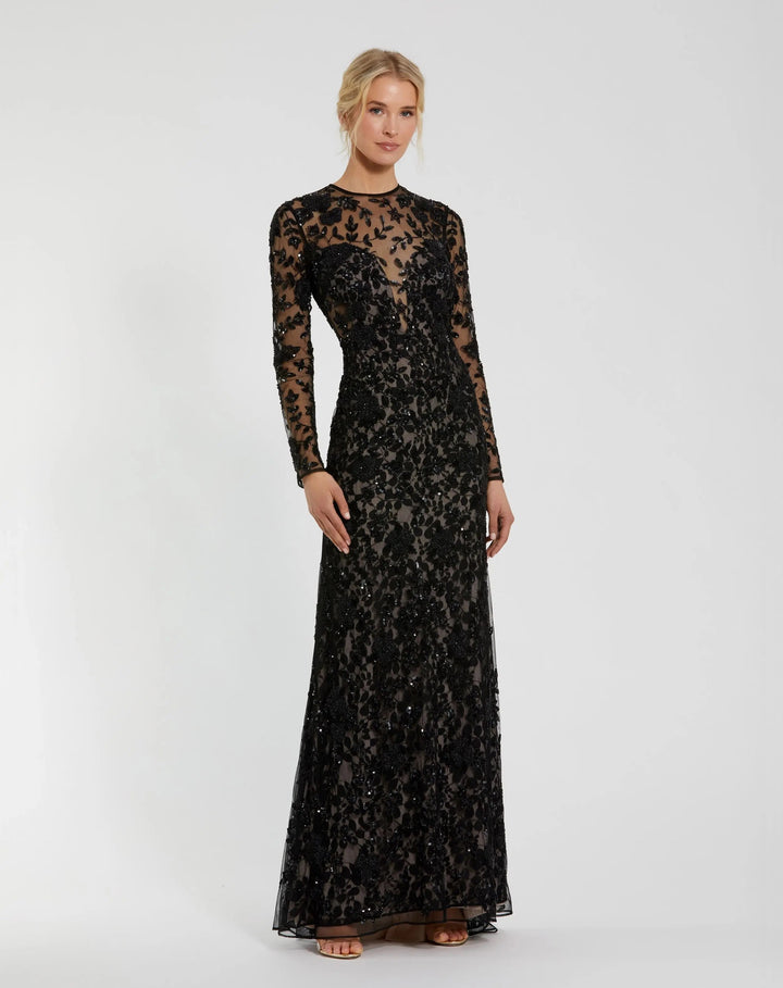 Mac Duggal 10821 Long Sleeve Floral Embellished Gown