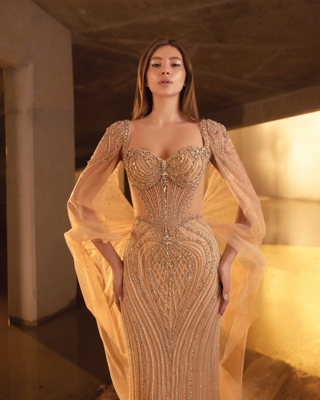 Delilah LD12076 Crystal Corset Mermaid Gown with Choker and Floor-Length Cape Sleeves - Champagne close-up view