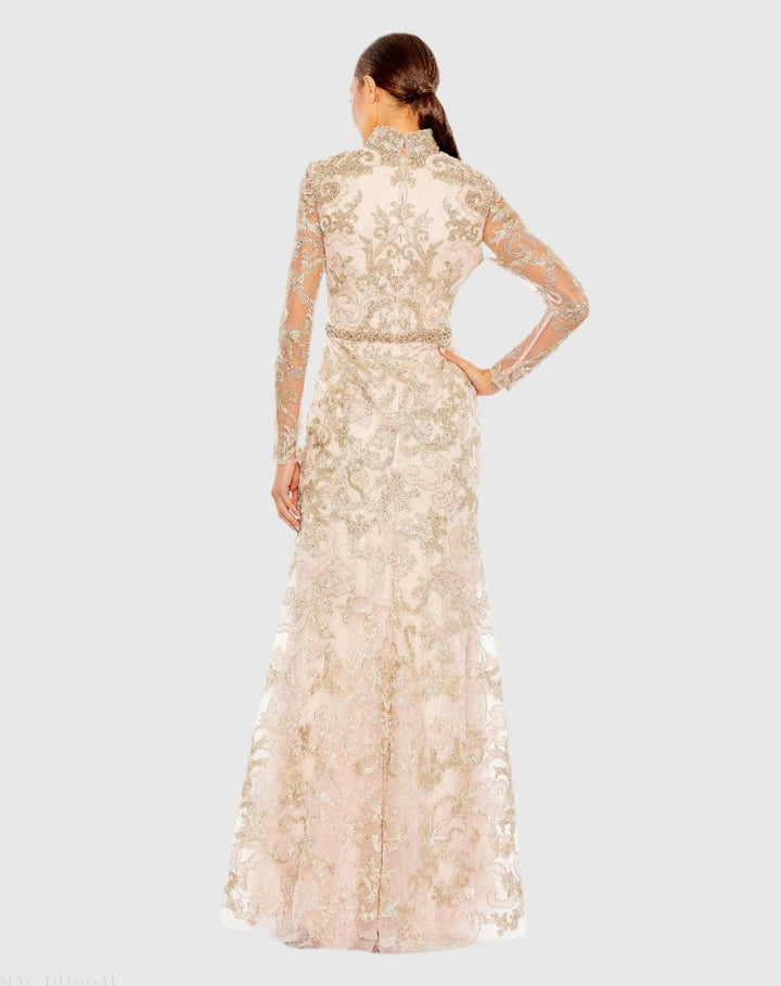 Mac Duggal 11165 Queen Anne Lace Long Sleeve V-Neck Trumpet Gown