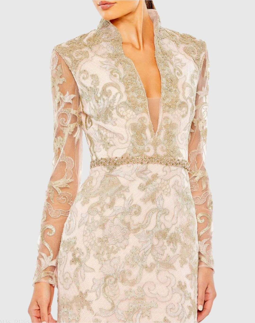 Mac Duggal 11165 Queen Anne Lace Long Sleeve V-Neck Trumpet Gown