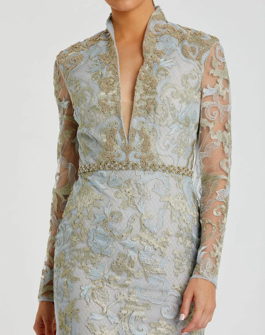 Mac Duggal 11165 Queen Anne Lace Long Sleeve V-Neck Trumpet Gown