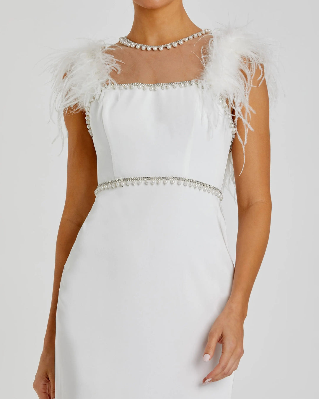 Mac Duggal 11438 lWhite Feather Cap Sleeve Pearl Embellished Tea-length Dress