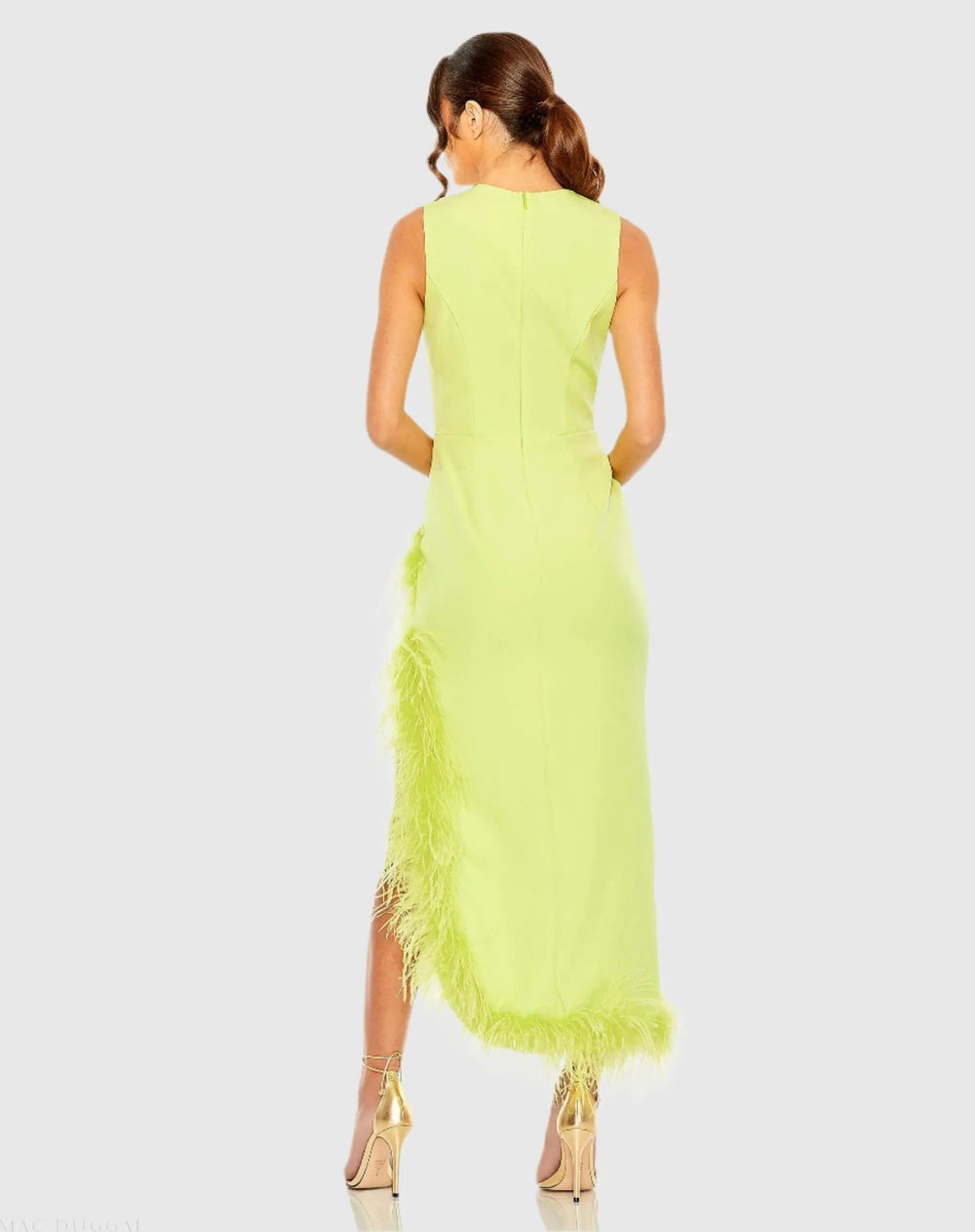 Mac Duggal 11626 Ruched High-Low Sheath Dress with Feather Trim