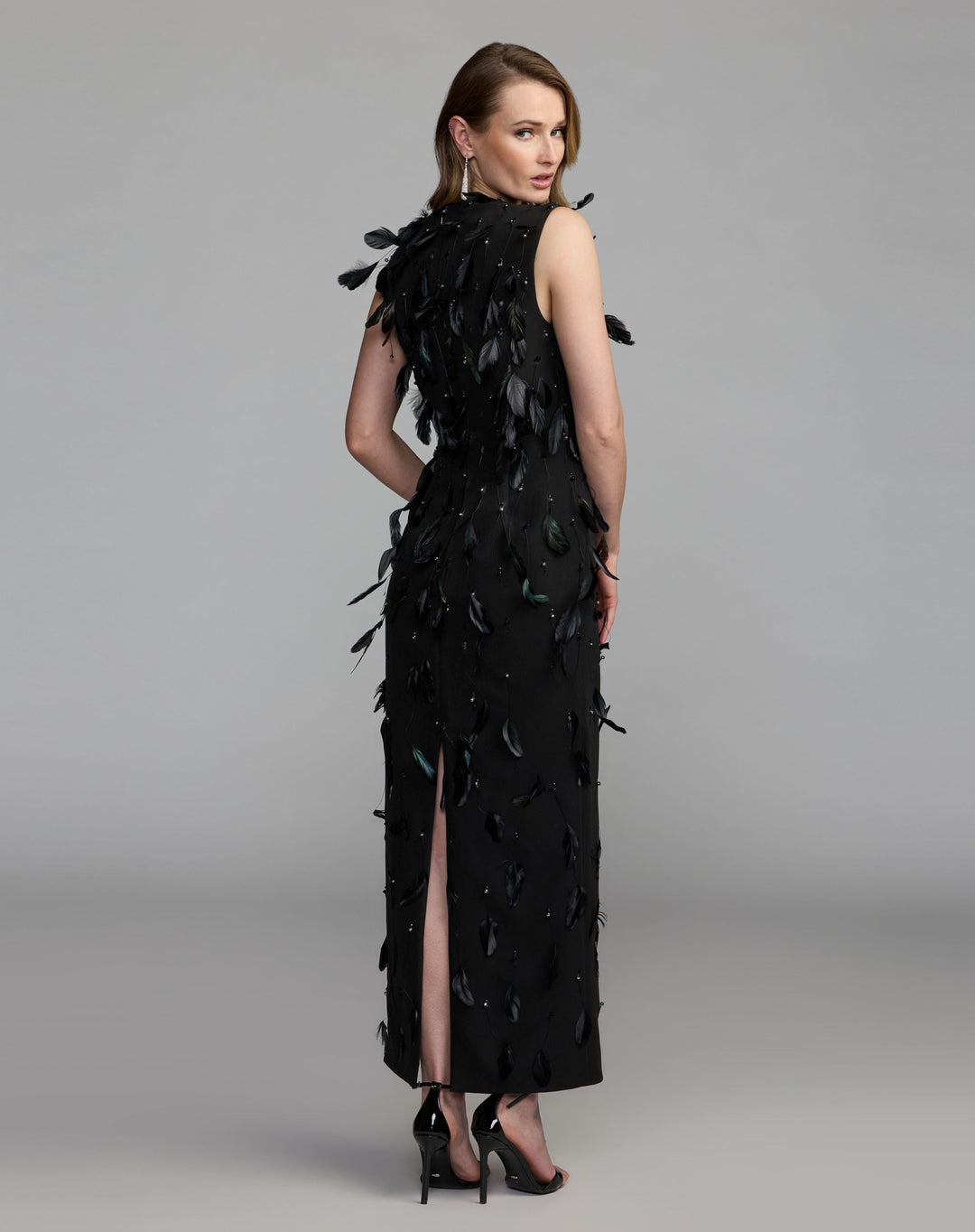 Mac Duggal 11630 High Neck Sleeveless Feather Embellished Column Dress