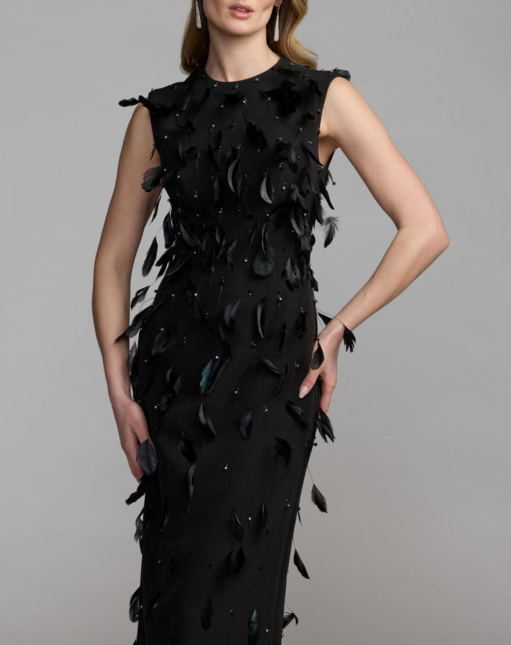 Mac Duggal 11630 High Neck Sleeveless Feather Embellished Column Dress