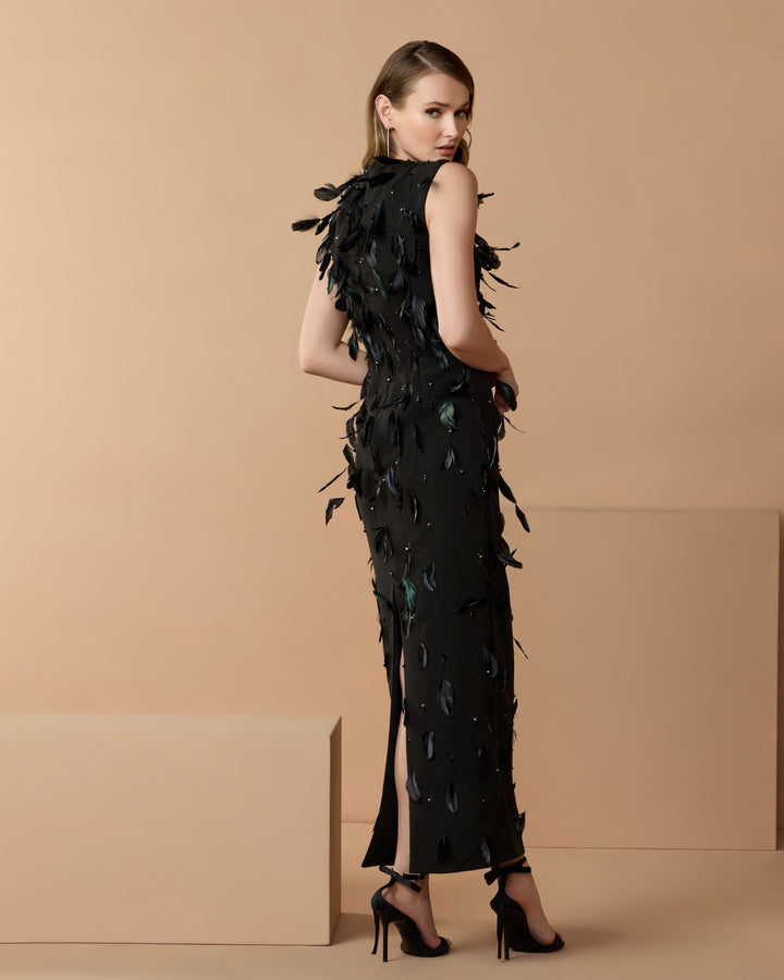 Mac Duggal 11630 High Neck Sleeveless Feather Embellished Column Dress