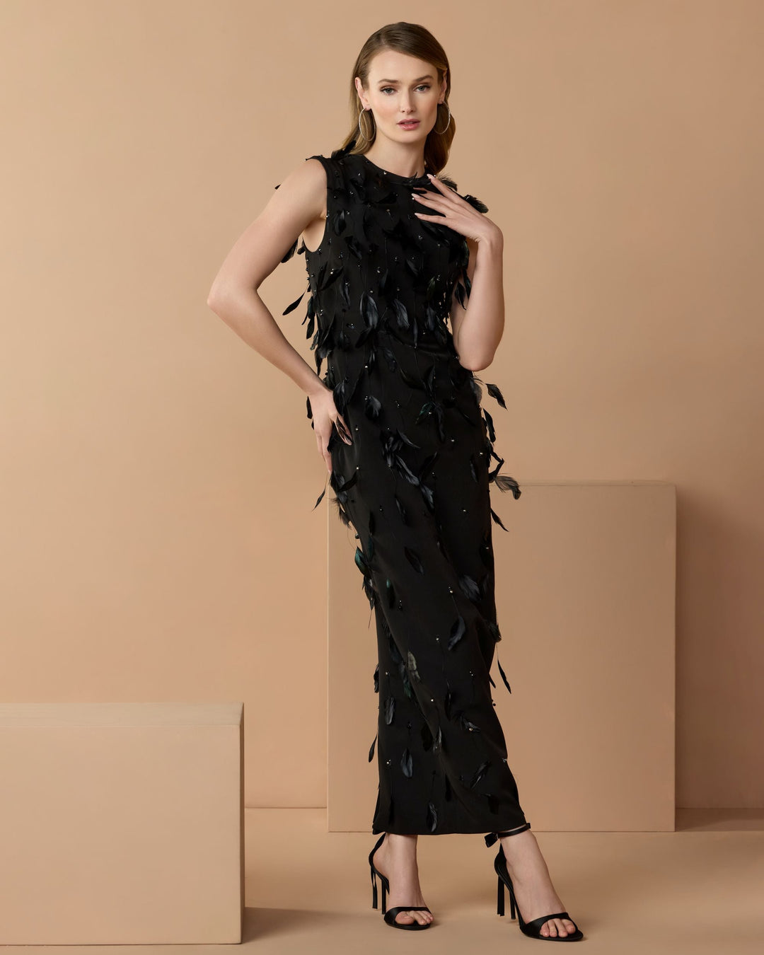 Mac Duggal 11630 High Neck Sleeveless Feather Embellished Column Dress